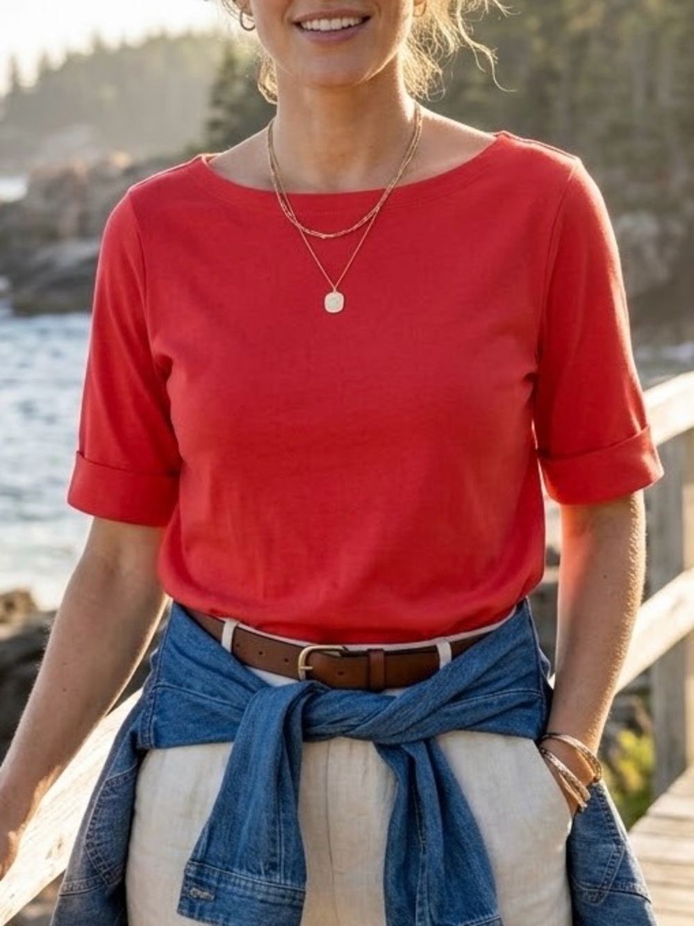 NEW Size XL L.L. Bean Orange Red Cuffed Elbow Sleeve Boatneck Cotton Tee Shirt